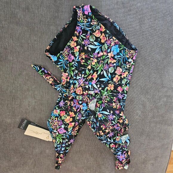 Gottex Flora Floral Tie Front black V-neck Shirred One Piece Swimsuit Size 12 - Picture 8 of 16